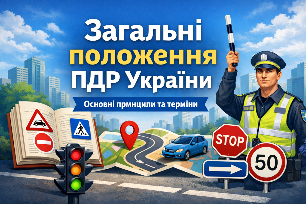 Загальні положення ПДР України — ілюстрація з дорожніми знаками, світлофором та регулювальником