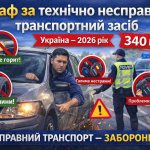 Штраф за технічно несправний транспортний засіб в Україні 2026 — автомобіль із несправною фарою, стертою шиною та позначенням штрафу 340 грн