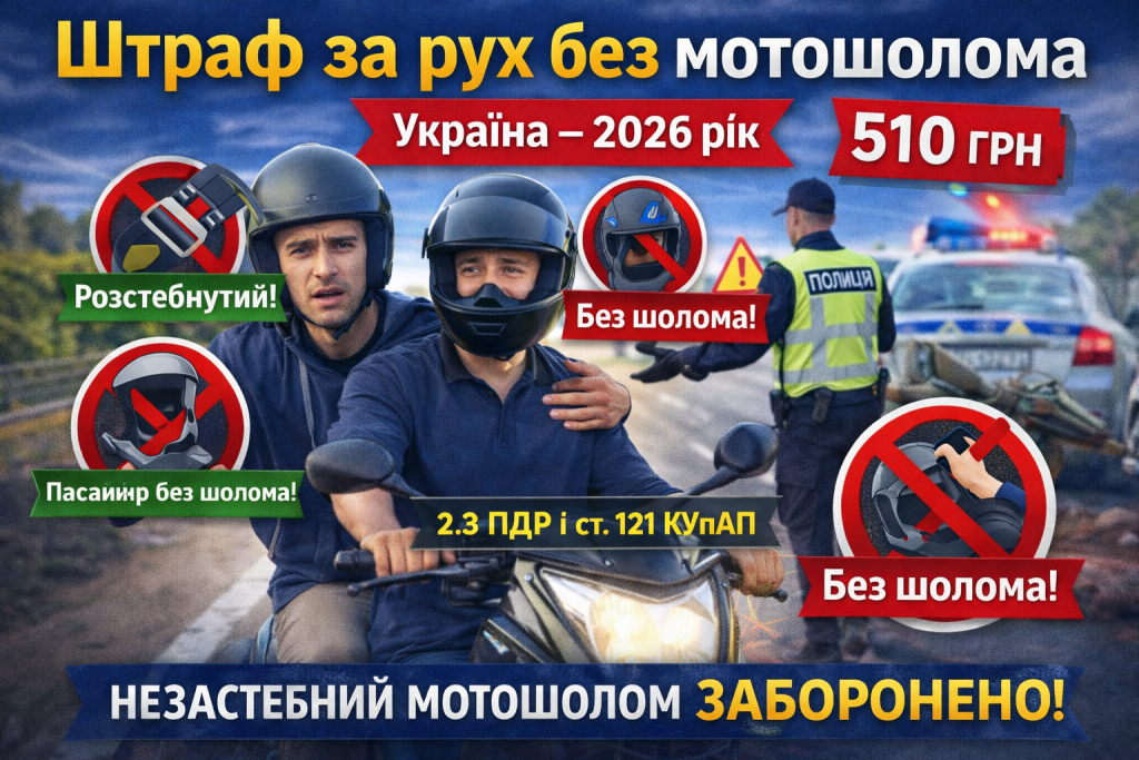Штраф за рух без мотошолома в Україні 2026 — водій і пасажир на мотоциклі без застебнутого шолома та сума штрафу 510 грн