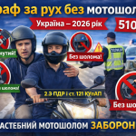 Штраф за рух без мотошолома в Україні 2026 — водій і пасажир на мотоциклі без застебнутого шолома та сума штрафу 510 грн