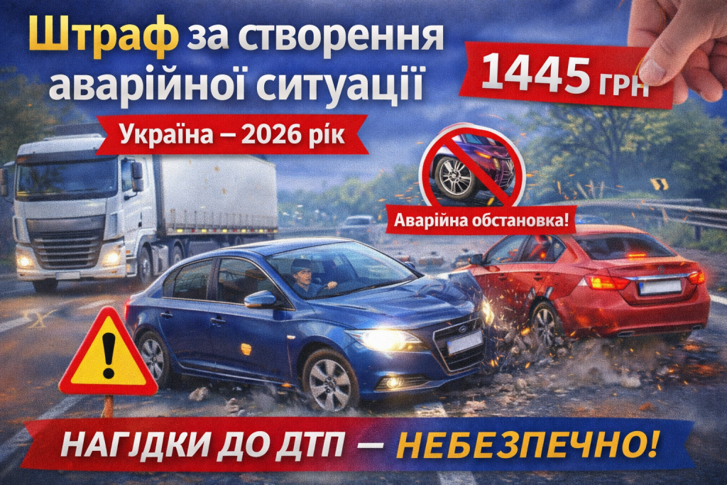 Штраф за створення аварійної ситуації в Україні 2026 — небезпечний маневр автомобіля, різке гальмування та штраф 1445 грн