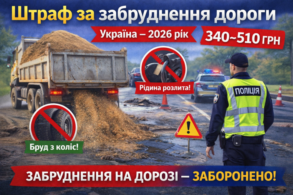 Штраф за забруднення дороги в Україні 2026 — вантажівка розсипає пісок на проїзну частину та зазначено штраф 340–510 грн