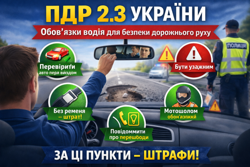 ПДР 2.3 України — обов’язки водія: перевірка авто перед виїздом, ремінь безпеки, мотошолом та уважність за кермом