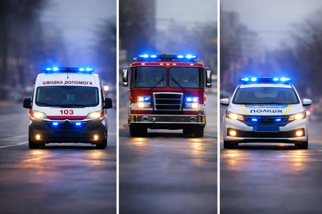 автомобілі швидкої допомоги пожежної служби та поліції з синіми проблисковими маячками на дорозі пдр україни