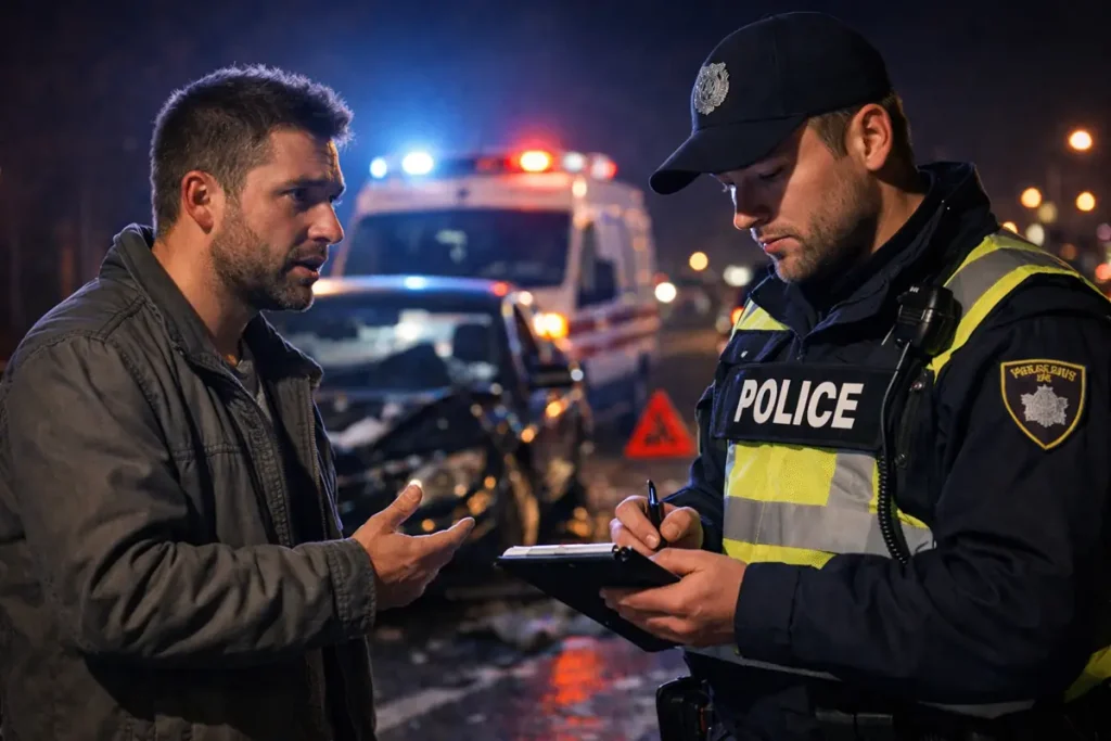 Поліцейський оформлює ДТП на дорозі після аварії