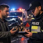 Поліцейський оформлює ДТП на дорозі після аварії