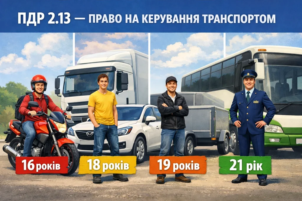 ПДР 2.13 право на керування транспортними засобами мінімальний вік водіїв 16 18 19 та 21 рік