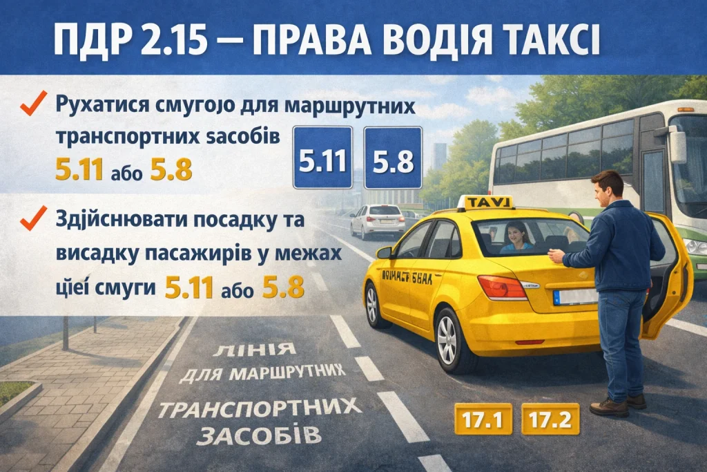 ПДР 2.15 права водія таксі рух смугою для маршрутних транспортних засобів знаки 5.11 та 5.8