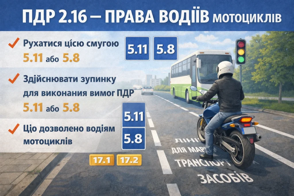 ПДР 2.16 права водіїв мотоциклів рух смугою для маршрутних транспортних засобів знаки 5.11 та 5.8