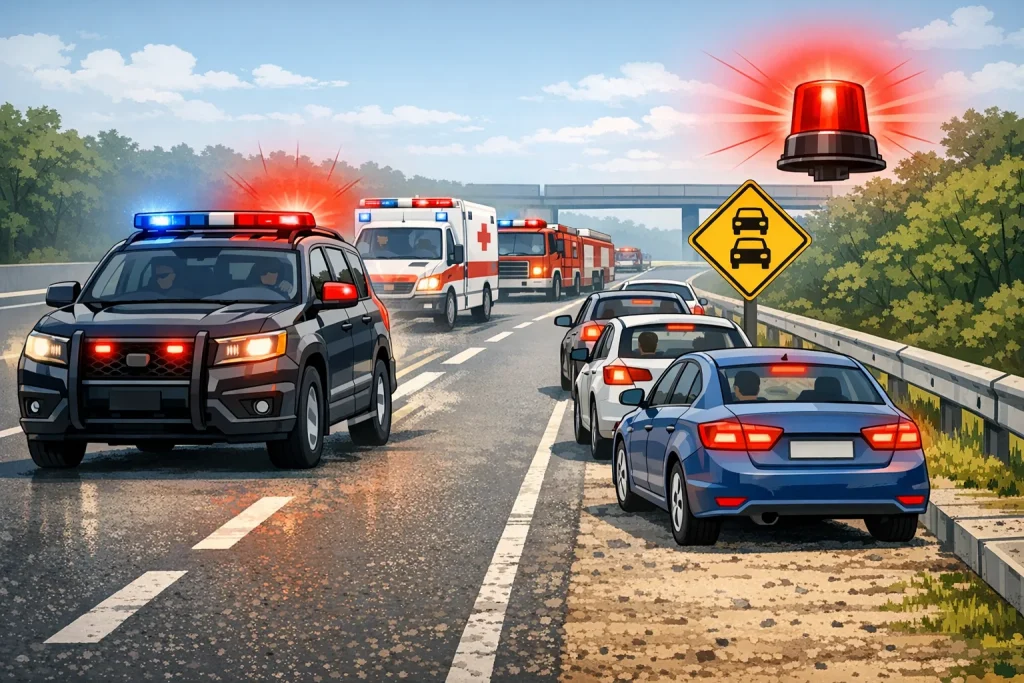 водії на дорозі пропускають автомобіль поліції швидку допомогу та пожежну машину з проблисковими маячками пдр україни