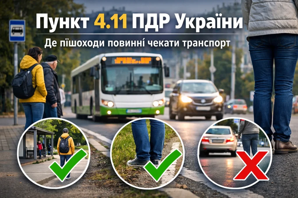 пункт 4.11 ПДР України де пішоходи повинні чекати транспорт на зупинці та узбіччі
