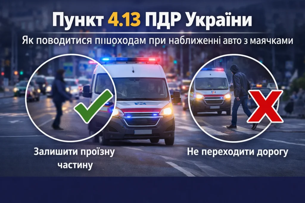 пункт 4.13 ПДР України пішоходи повинні залишити проїзну частину при наближенні авто з маячками