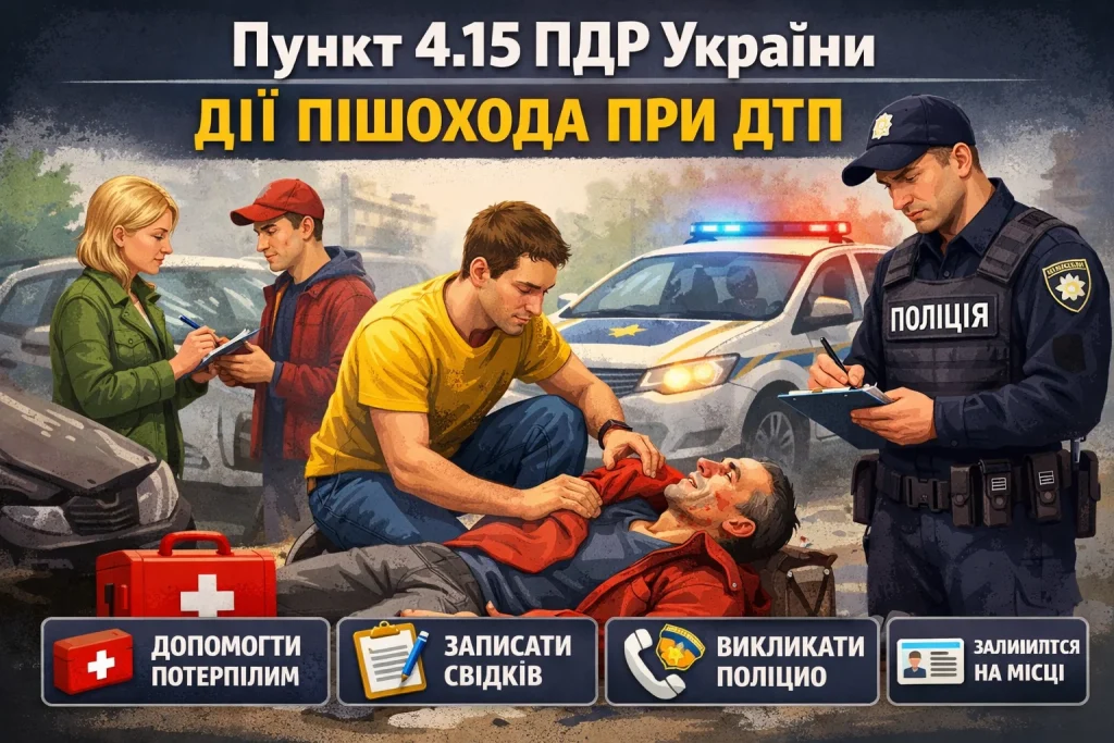 пункт 4.15 ПДР України дії пішохода при ДТП допомога потерпілим виклик поліції