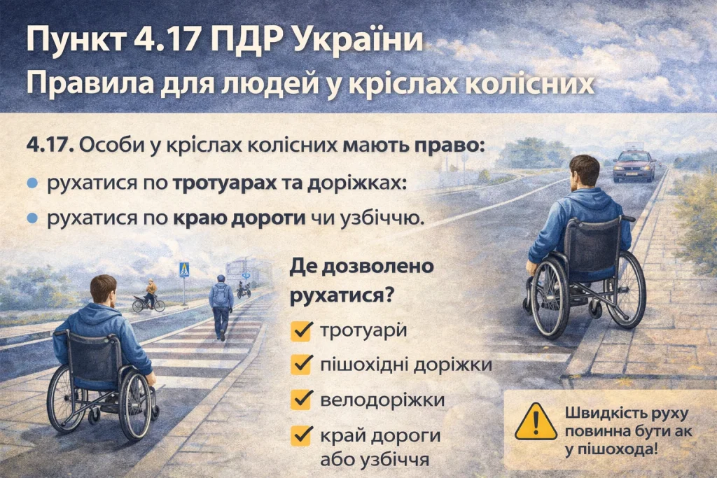 людина в інвалідному візку рухається по тротуару біля дороги за правилами ПДР України 4.17