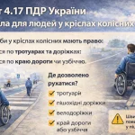 людина в інвалідному візку рухається по тротуару біля дороги за правилами ПДР України 4.17