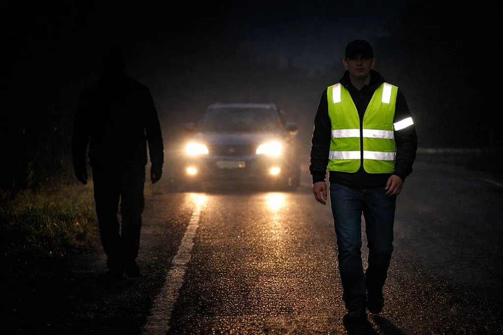 пішохід зі світлоповертальним жилетом і пішохід без відбивачів на темній дорозі