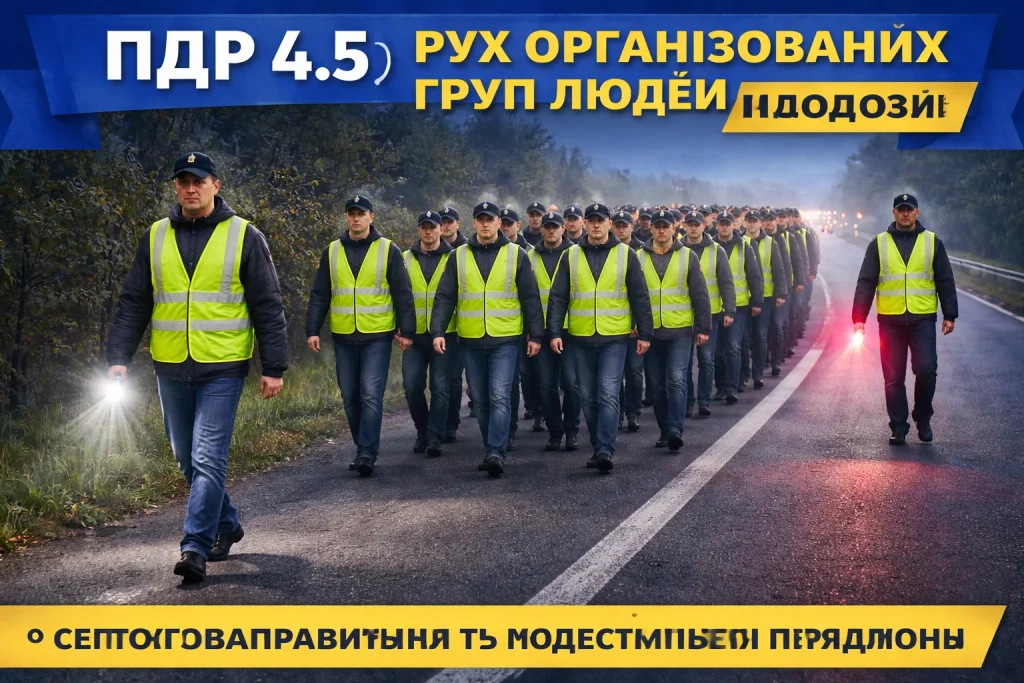 організована група людей рухається колоною по дорозі із супровідниками з ліхтарями