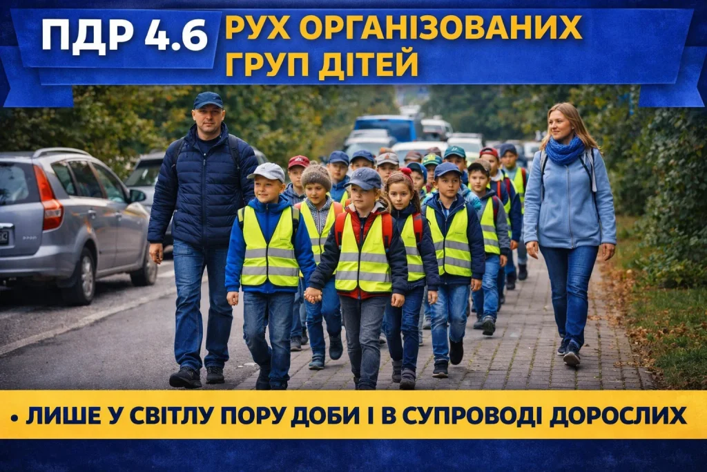 організована група дітей рухається по тротуару у супроводі дорослих