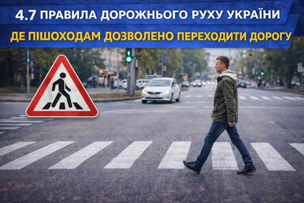 пішохід переходить дорогу по пішохідному переходу на перехресті