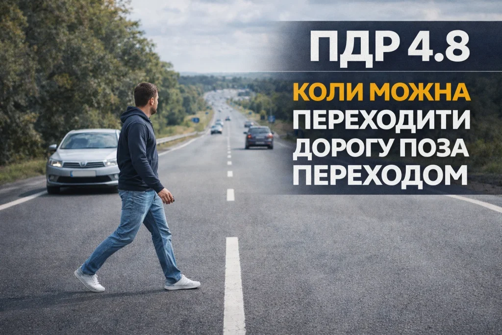 пішохід переходить дорогу поза пішохідним переходом на прямій ділянці дороги