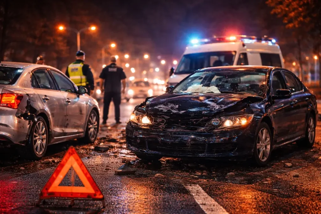 Дорожньо транспортна пригода вночі на міській дорозі з пошкодженими автомобілями