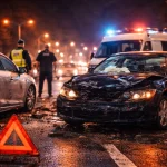 Дорожньо транспортна пригода вночі на міській дорозі з пошкодженими автомобілями