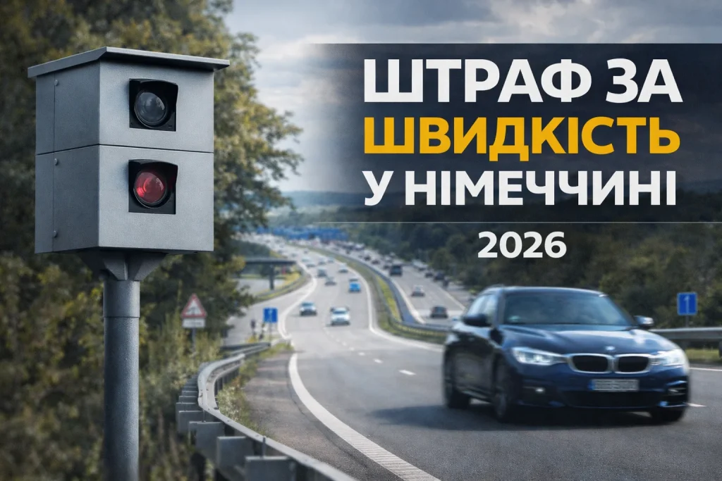 камера контролю швидкості на автобані в Німеччині та автомобіль що перевищує швидкість