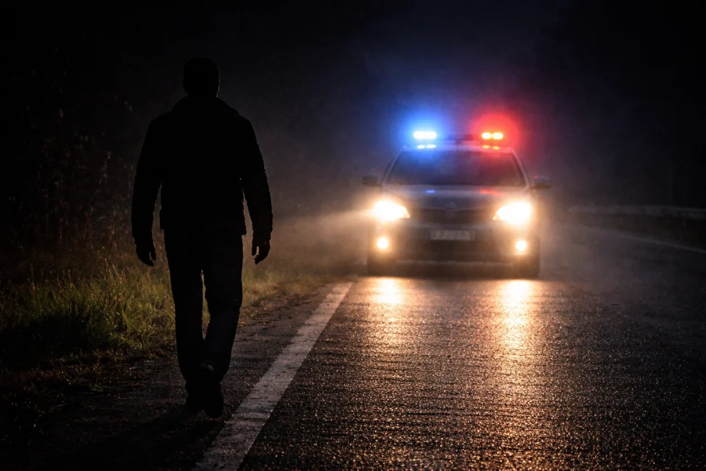 пішохід у темряві на дорозі без світлоповертальних елементів і поліцейський автомобіль з маячками