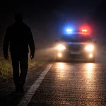 пішохід у темряві на дорозі без світлоповертальних елементів і поліцейський автомобіль з маячками