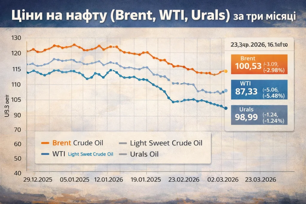 Ціни на нафту Brent, WTI та Urals — динаміка за 3 місяці