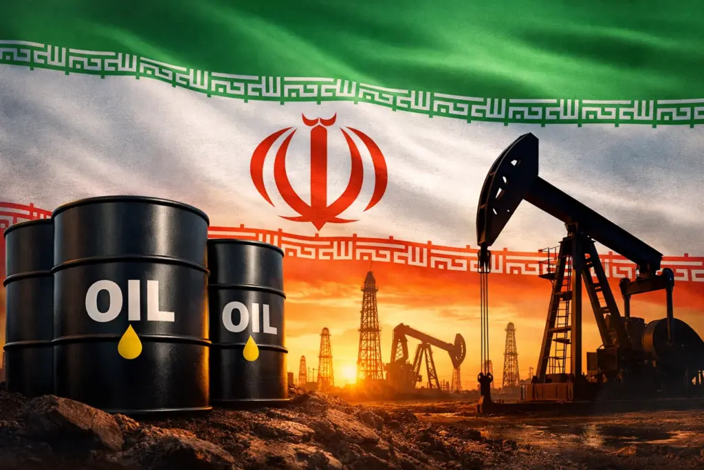 Іран, видобуток нафти, нафтові вишки та барелі на фоні прапора Ірану