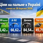 ціни на пальне в Україні 26 березня 2026 бензин дизель газ