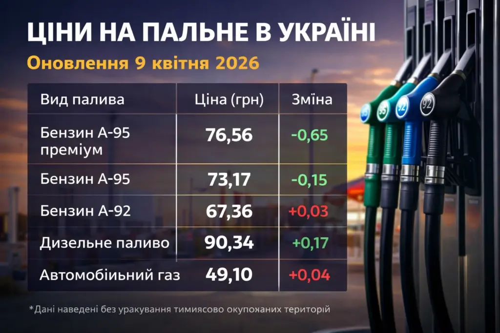 ціни на бензин дизель та газ в Україні 9 квітня 2026 таблиця