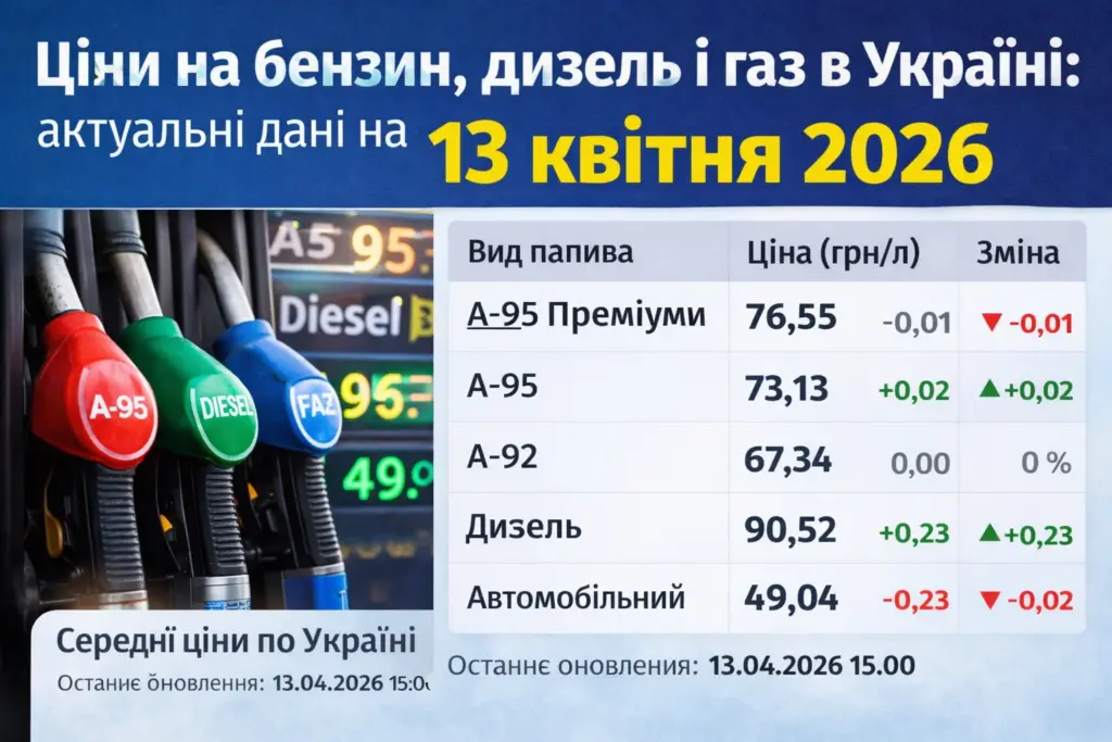 Ціни на бензин дизель і газ в Україні 13 квітня 2026 актуальні дані АЗС