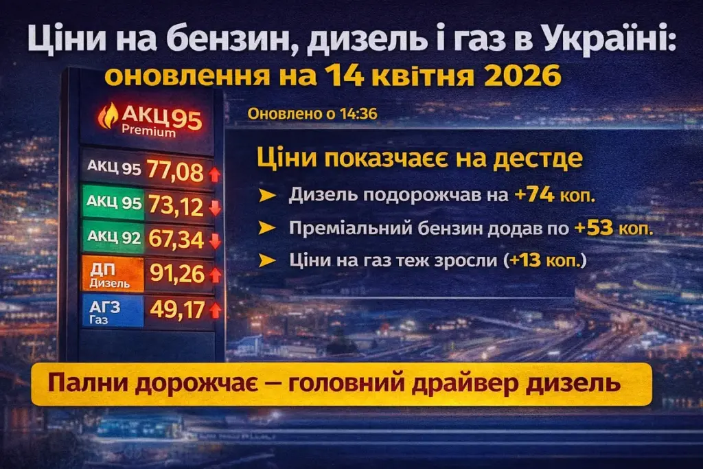 Ціни на бензин дизель і газ в Україні 14 квітня 2026 оновлені дані АЗС