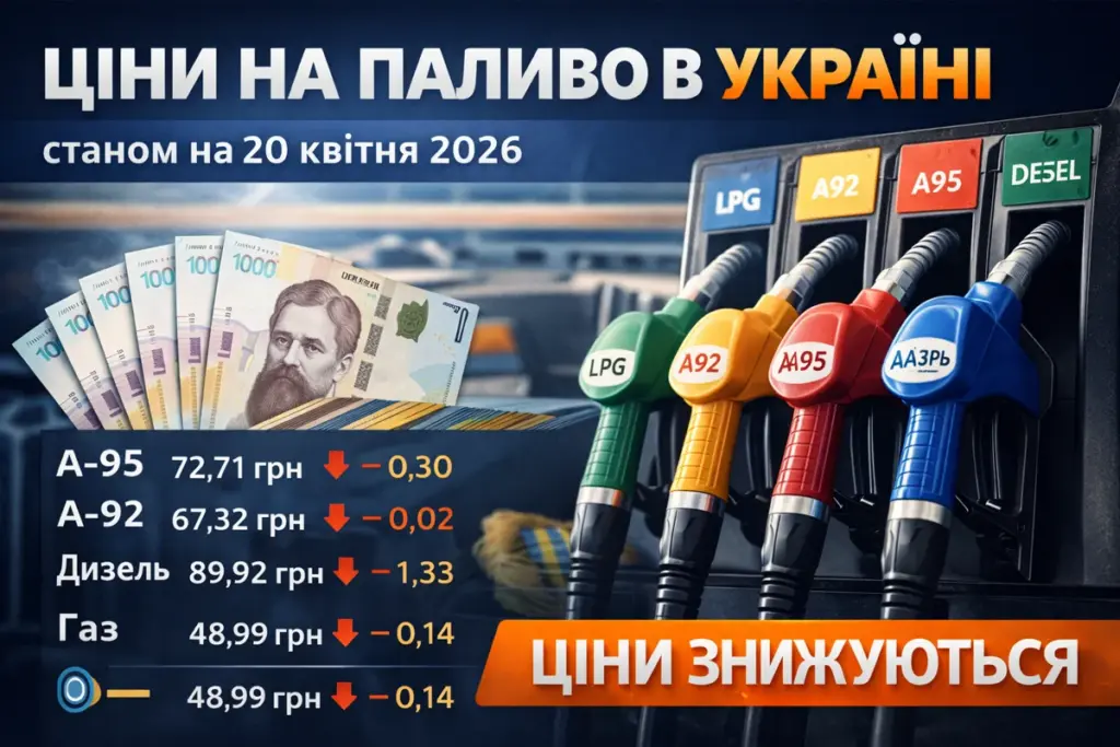 Ціни на бензин, дизель і газ в Україні станом на 20 квітня 2026 року