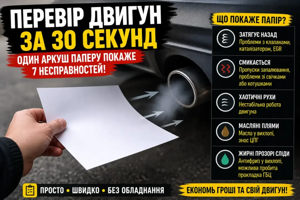 перевірка двигуна папером за 30 секунд біля вихлопної труби діагностика авто