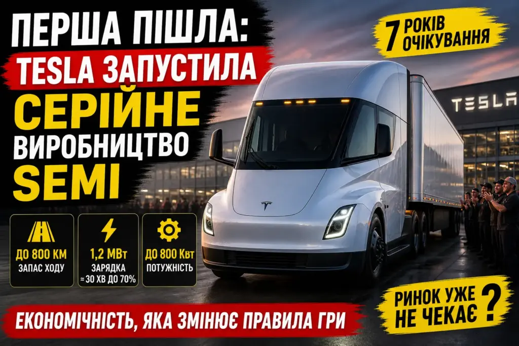 tesla semi електровантажівка серійне виробництво 2026 запас ходу 800 км зарядка
