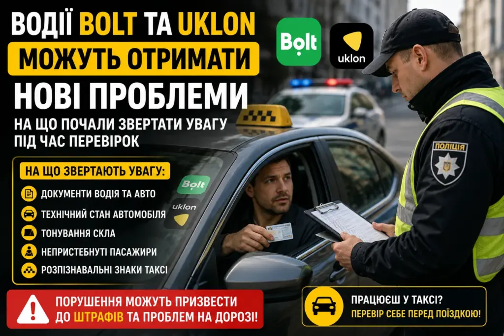 Поліцейський перевіряє документи водія Bolt та Uklon під час зупинки автомобіля