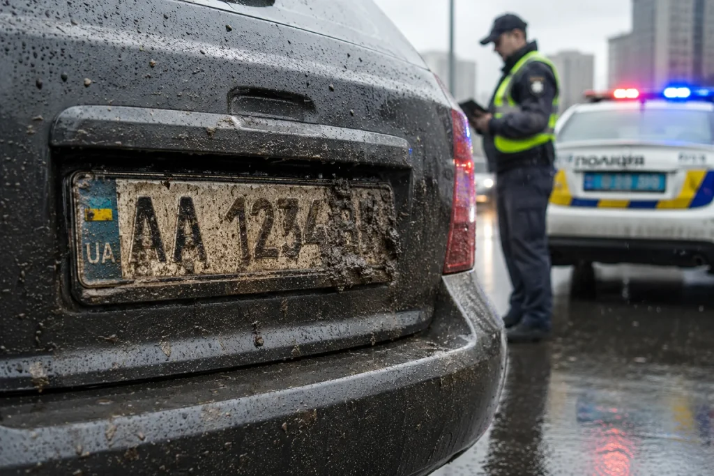 брудний номерний знак авто після дощу та поліція України