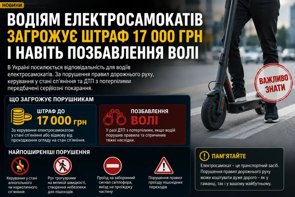 Водіям електросамокатів загрожує штраф 17 000 грн та позбавлення волі в Україні