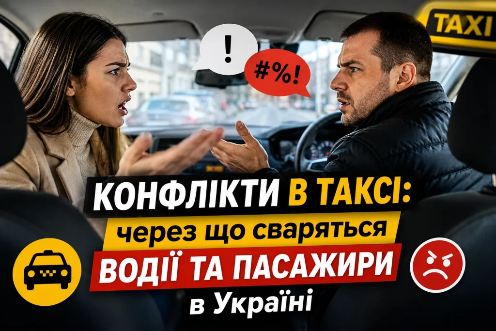 Alt: Конфлікт між водієм таксі та пасажиркою під час поїздки в Україні Title: Конфлікти в таксі: через що сваряться водії та пасажири в Україні Description: Емоційна суперечка між водієм таксі та пасажиркою в салоні автомобіля. Ілюстрація до статті про конфлікти між пасажирами та водіями таксі в Україні, причини сварок, проблеми сервісів та поведінку під час поїздок.