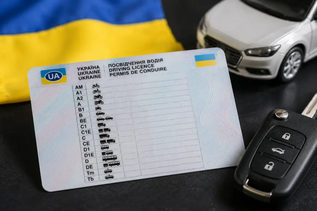 Нове українське водійське посвідчення з категоріями транспорту поруч із ключем від авто