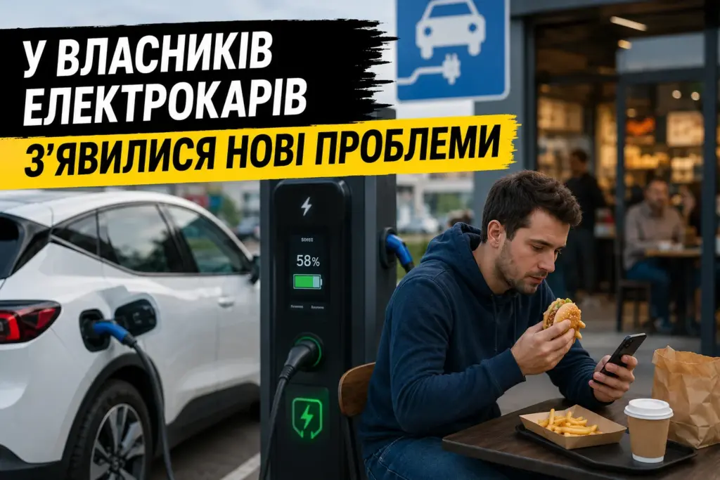 Власник електромобіля чекає біля зарядної станції