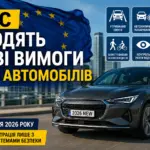 Новий автомобіль на фоні прапора ЄС та систем безпеки