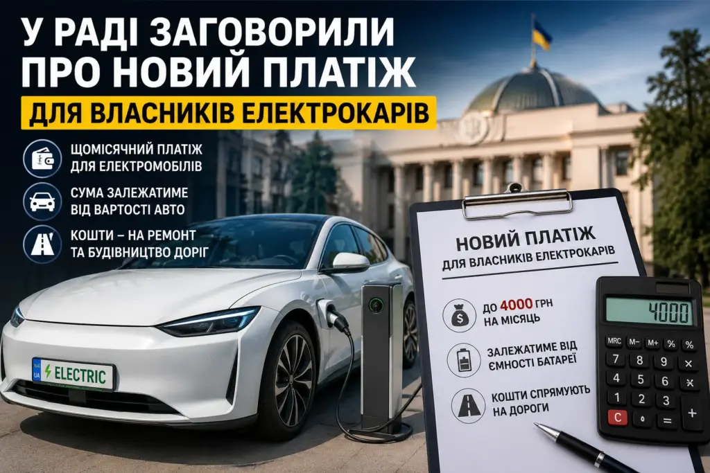 Електромобіль біля Верховної Ради та документ про новий платіж для власників електрокарів
