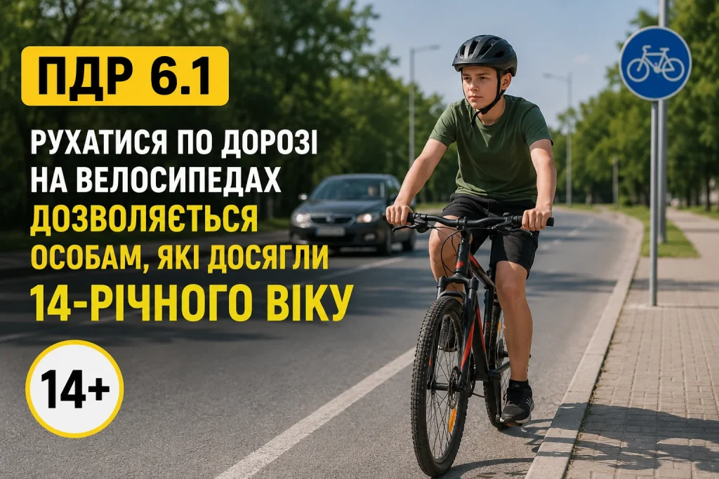 ПДР 6.1 для велосипедистів в Україні з 14 років дозволено рух по дорозі