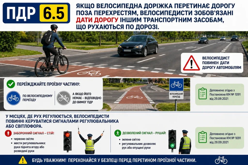 ПДР 6.5 правила перетину дороги велосипедистами та велосипедного переїзду