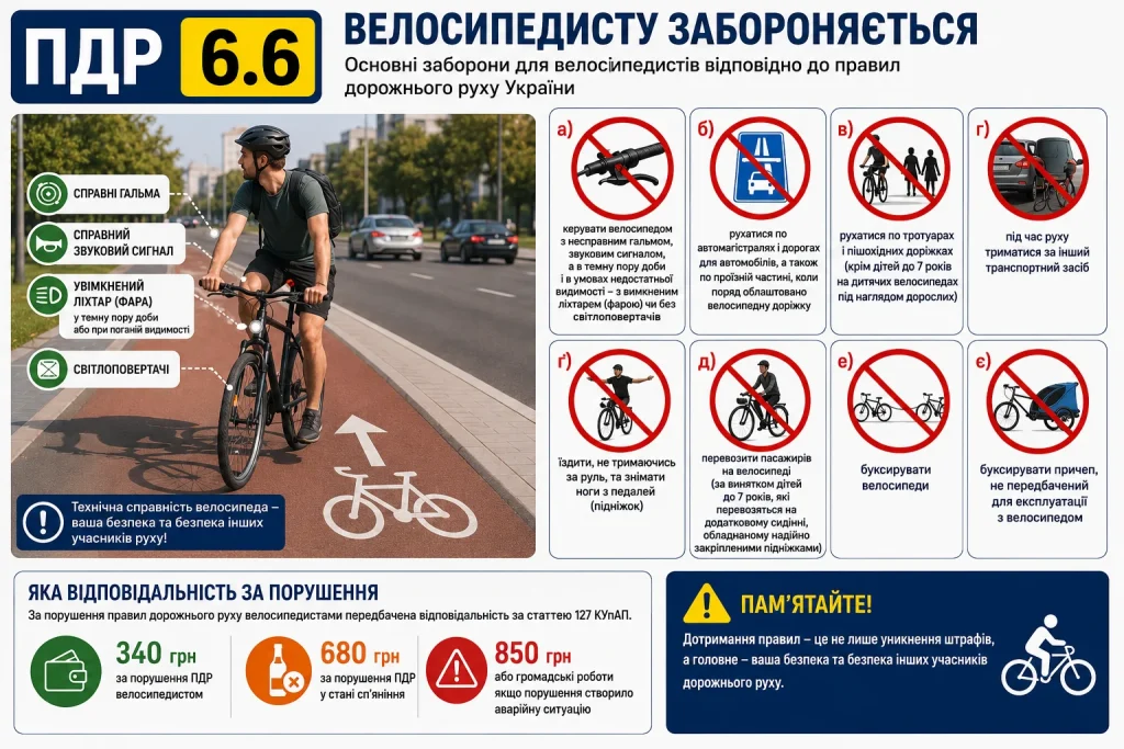 ПДР 6.6 заборони для велосипедистів та штрафи за порушення правил