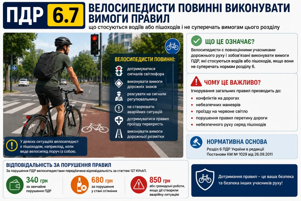 ПДР 6.7 велосипедисти повинні виконувати правила для водіїв і пішоходів